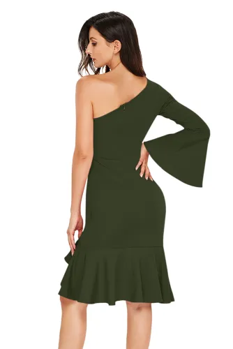 Green Twist and Ruffle Accent One Shoulder Prom Dress