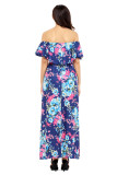 Flower Print Blue Grounding Off Shoulder Long Boho Dress