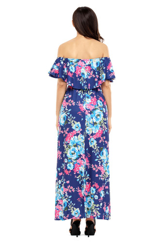 Flower Print Blue Grounding Off Shoulder Long Boho Dress