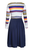 Navy Yellow Striped Poplin Sash Tie Midi Dress