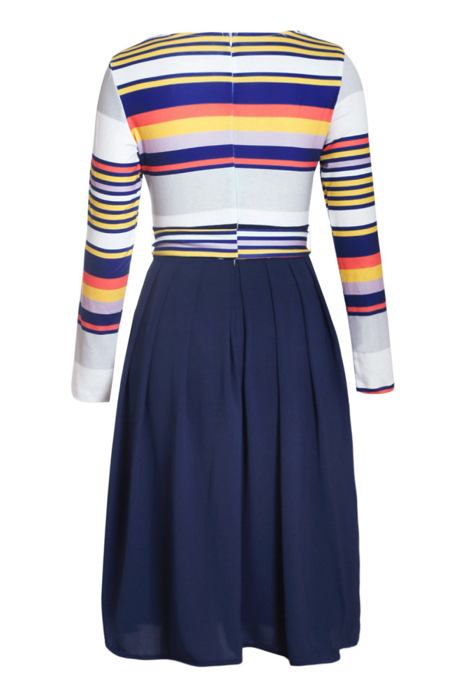 Navy Yellow Striped Poplin Sash Tie Midi Dress