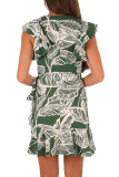 Green Leaf Vein Print Ruffle and Wrap Short Summer Dress