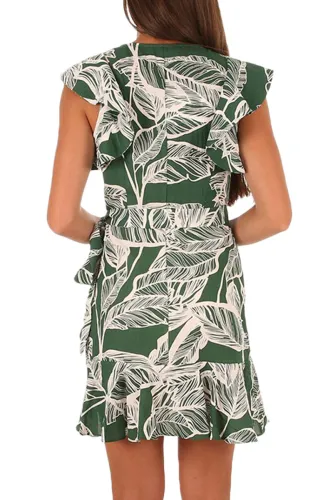 Green Leaf Vein Print Ruffle and Wrap Short Summer Dress