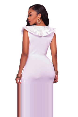 White Ruffle V Neck Detail Midi Dress