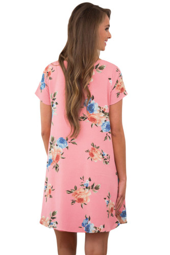 Pink Pocket Design Summer Floral Shirt Dress