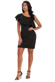 Black One Shoulder Ruffle Elegant Mini Dress