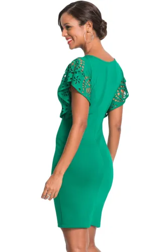 Green O-Neck Hollow Out Cloak Sleeve Bodycon Mini Dress