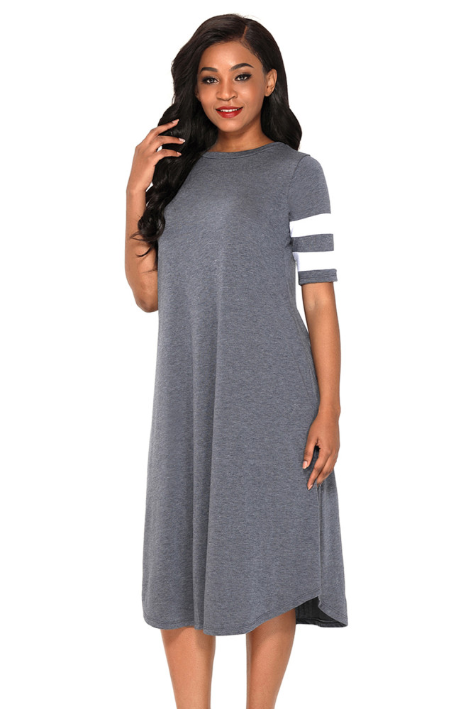 Striped Half Sleeves O Neck Flowy Jersey Dress in Gray