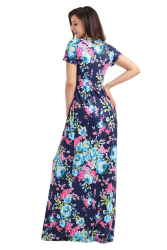 Pocket Design Short Sleeve Bright Blue Floral Maxi Dress