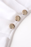 Asymmetric Button Detail White Ruched Midi Dress