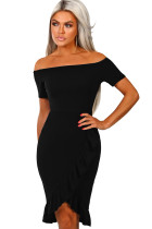 Black Frill Trim Short Sleeve Off Shoulder Midi Dress