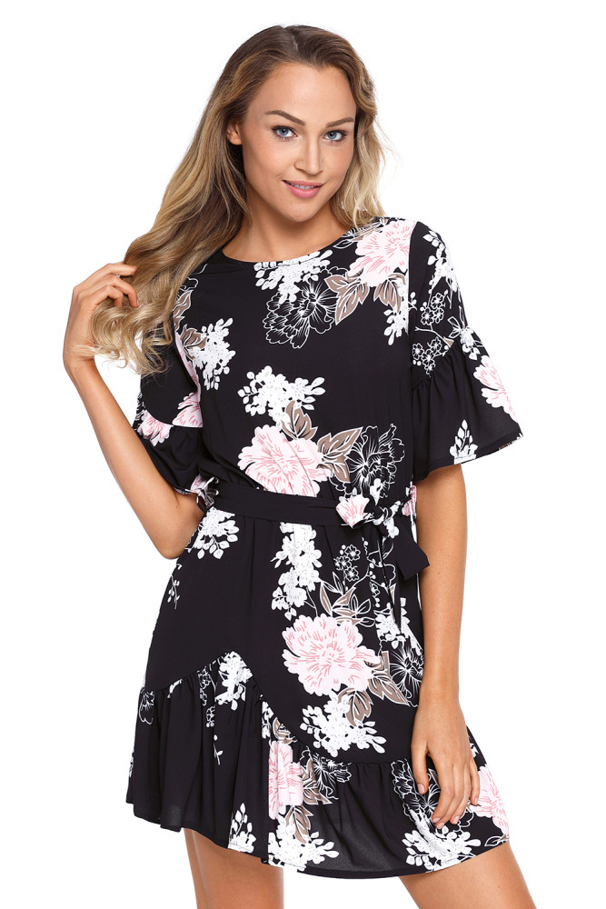 Black Floral Pattern Ruffle Hem Chiffon Dress