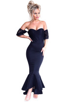 Navy Lace Embellished Strapless Party Dress