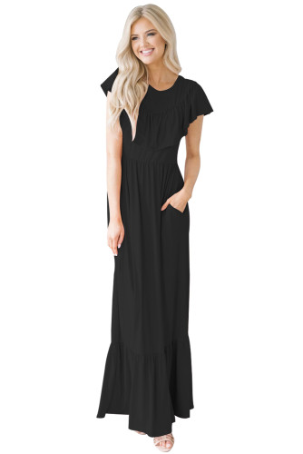 Black Ruffle Detail Soft Jersey Maxi Dress