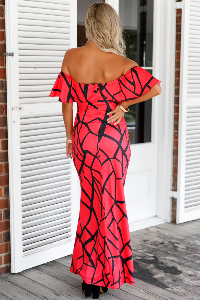 Rose Red Black Off-the-shoulder Maxi Dress