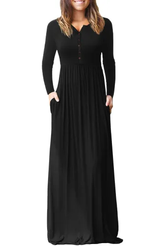 Black Long Sleeve Buttoned Casual Maxi Dress