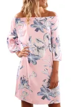 Light Pink Off Shoulder Floral Print Boho Dress