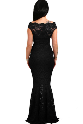Black Bardot Lace Fishtail Maxi Dress