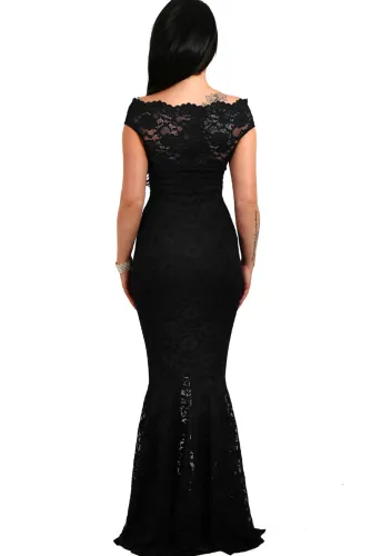 Black Bardot Lace Fishtail Maxi Dress