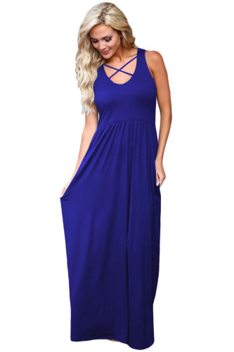 Royal Blue Crisscross Neck Detail Sleeveless Maxi Dress