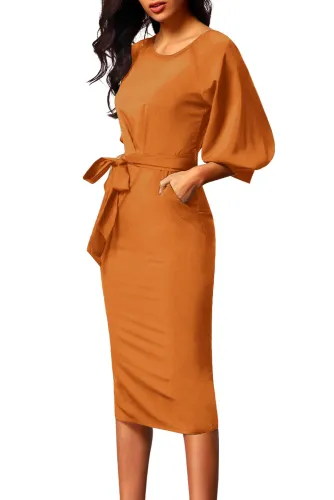 Mustard Puff Sleeve Belt Chiffon Pencil Dress