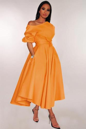 Orange One-shoulder Waist Cincher Puffy Party Dress