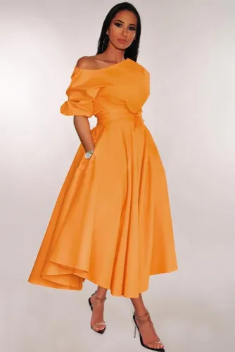 Orange One-shoulder Waist Cincher Puffy Party Dress