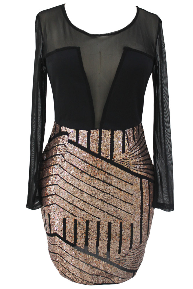 Long Sleeves Mesh Shadow Sequin Bottom Dress