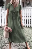 Green Solid Button Deep V-Neck Casual Dress