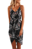 Black Deep V Neck Summer Floral Print Dress