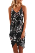 Black Deep V Neck Summer Floral Print Dress