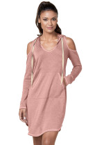 Dusty Pink Long Sleeve Cold Shoulder Hooded Dress