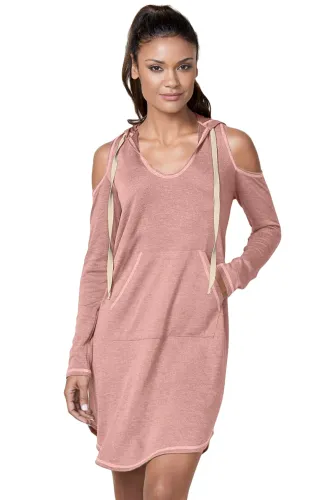Dusty Pink Long Sleeve Cold Shoulder Hooded Dress