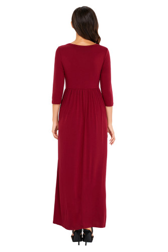 Burgundy Pocket Design 3/4 Sleeves Maxi Dress
