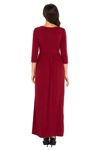Burgundy Pocket Design 3/4 Sleeves Maxi Dress