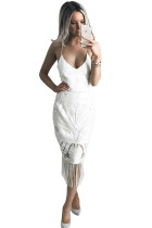 White Fashion Tassel Backless Lace Dress