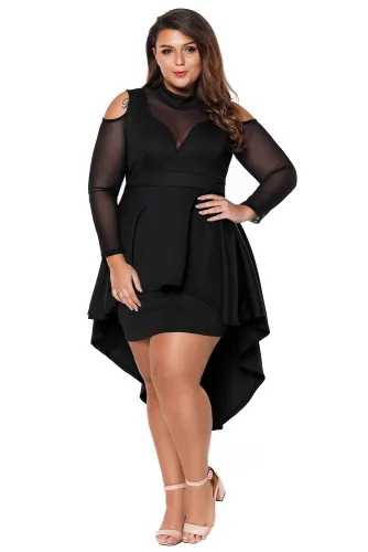 Black Plus Size Mesh Trim Hi-Lo Peplum Bodycon Dress