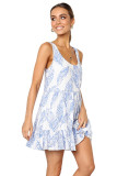Sky Blue Leaf Pattern Ruffled Summer Boho Dress