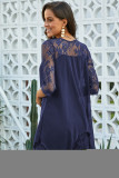 Blue Chiffon Overlay Three Quarter Sleeve Dress