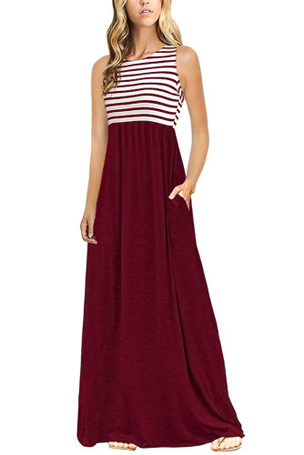 Burgundy White Striped High Waist Tank Maxi Dress