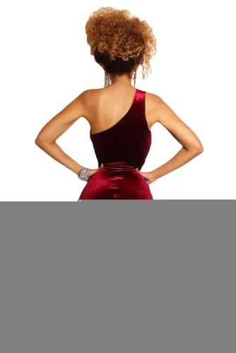 Burgundy False-2-pc One Shoulder Velvet Dress