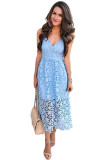 Light Blue Spaghetti Strap V-Neck Lace Midi Dress