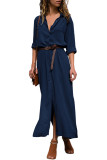 Dark Blue Slit Maxi Shirt Dress with Sash