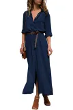 Dark Blue Slit Maxi Shirt Dress with Sash