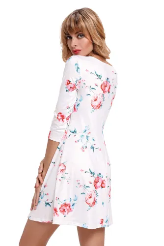 White Fence Neck Floral Print T Shirt Dress