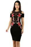 Mesh Combine Embroidered Rose Cold Shoulder Bodycon Dress
