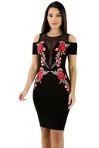 Mesh Combine Embroidered Rose Cold Shoulder Bodycon Dress