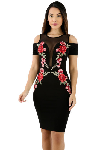 Mesh Combine Embroidered Rose Cold Shoulder Bodycon Dress