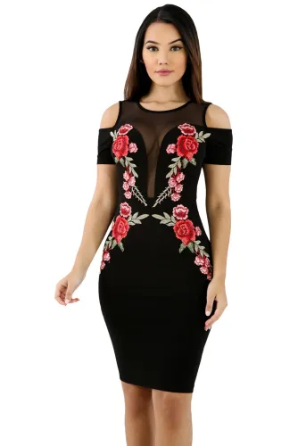 Mesh Combine Embroidered Rose Cold Shoulder Bodycon Dress