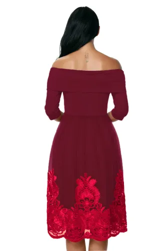 Burgundy Lacy Embroidery Tulle Skirt Skater Dress